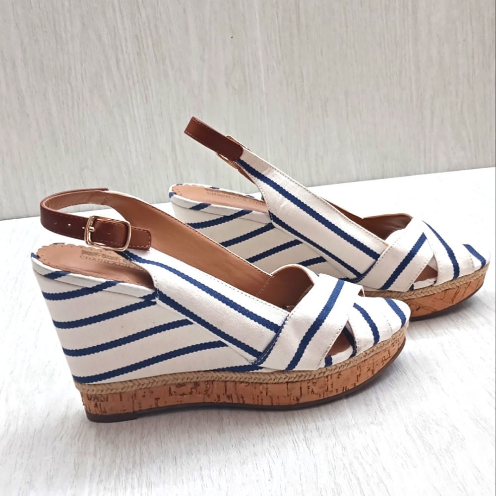 Coach And Four Womens Slingback Heel White Fabric Stripe Cork Ultra High 7.5